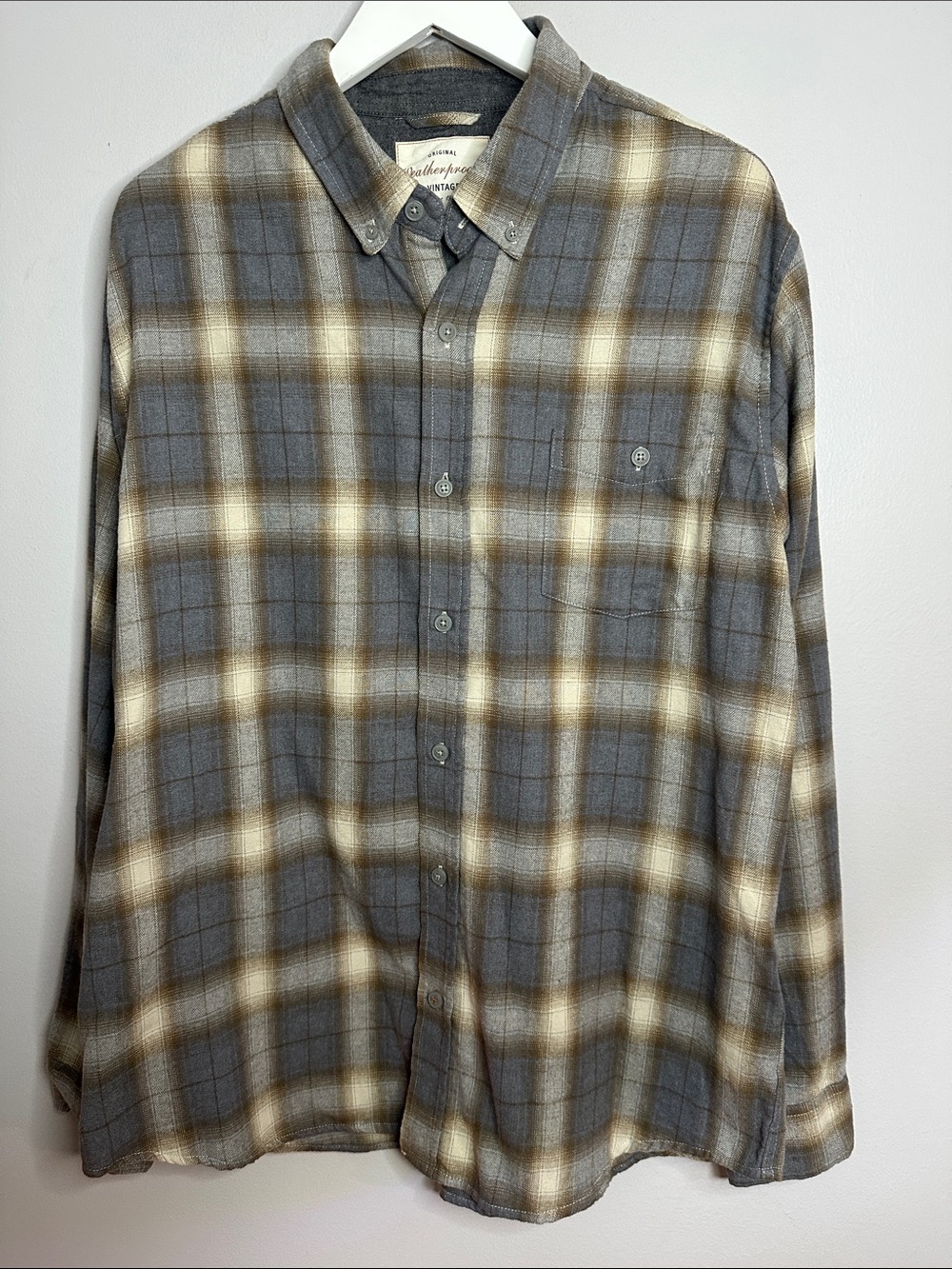 Weatherproof Plaid Button-Down Shirt in Gray, Brown & Cream size XL